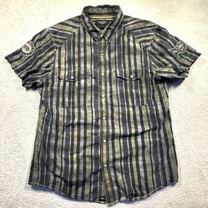 Harley Davidson Pearl Snap Shirt Mens XL Grey Olive Stripe Biker Skull Patches